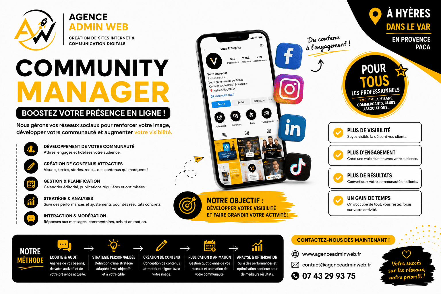 Visuel pourles seervice de community manager de l'agence Admin & Web à Hyeres en region PACA